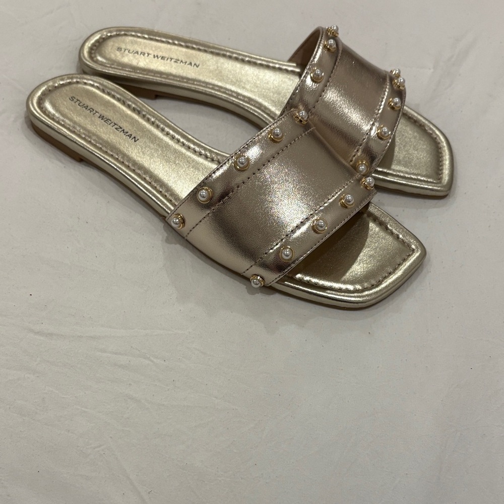 Stuart Weitzman Pearl-Studded Metallic Slide Sandals